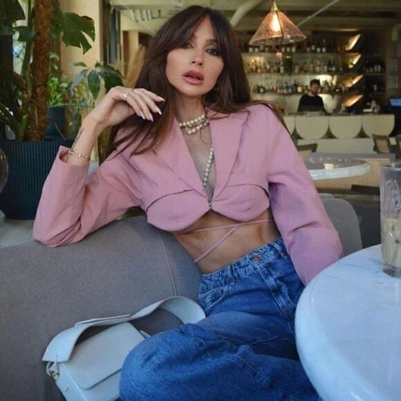 Zara Pink Stitch Detail Cropped Blazer - Picture 5 of 11